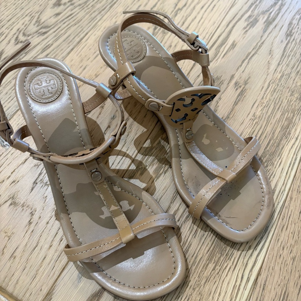 Tory Burch Tan Wedge Sandals with Strappy Details